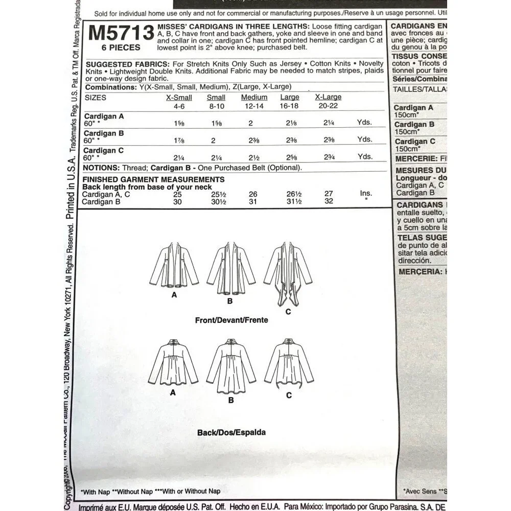 McCalls Sewing Pattern 5713 Cardigan Sweater Open Front Misses Size‎ L-XL